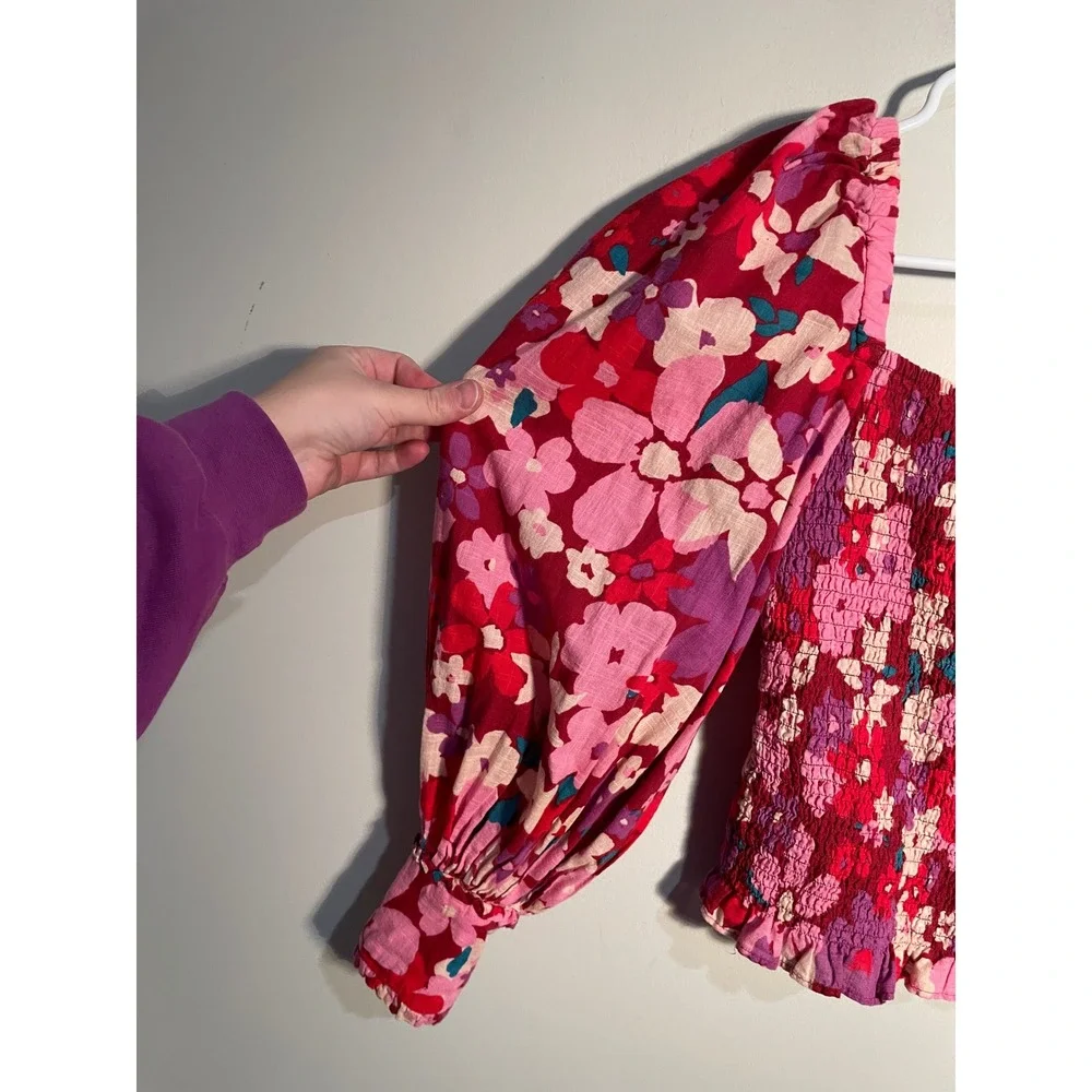 Free People Ariana‎ Printed Top Pink Size XS Feminine Floral Puff Sleeve Smocked